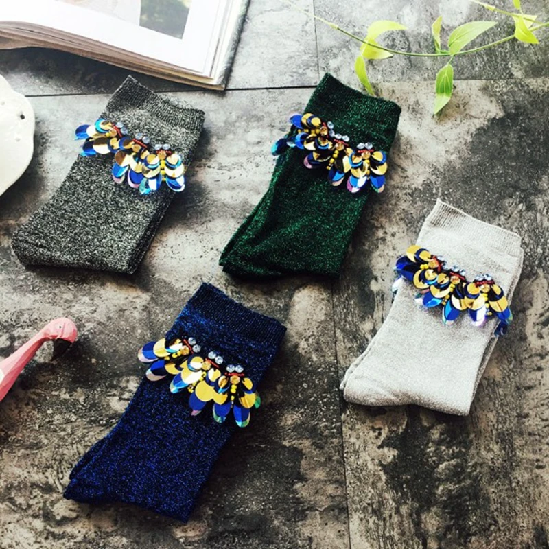 gtglad 2018 New Arrived Korean Style Fashion Glitter Socks Women Spring Winter Sequins gem Candy Color Hand-made Socks