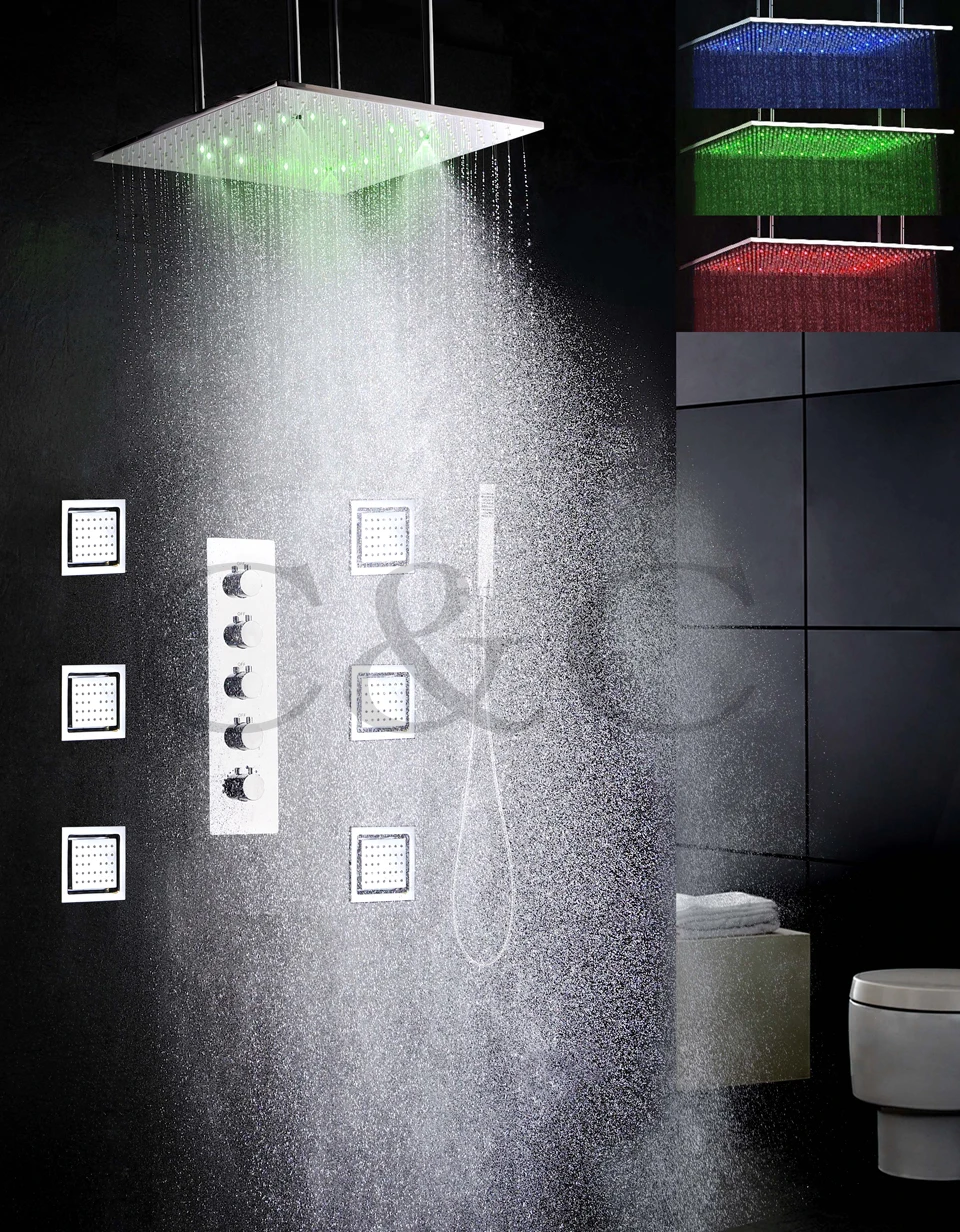 

Bathroom Large Water Flow Atomizing And Rainfall Shower Faucet Set 20 Inch Temperature Sensitive LED Shower Head