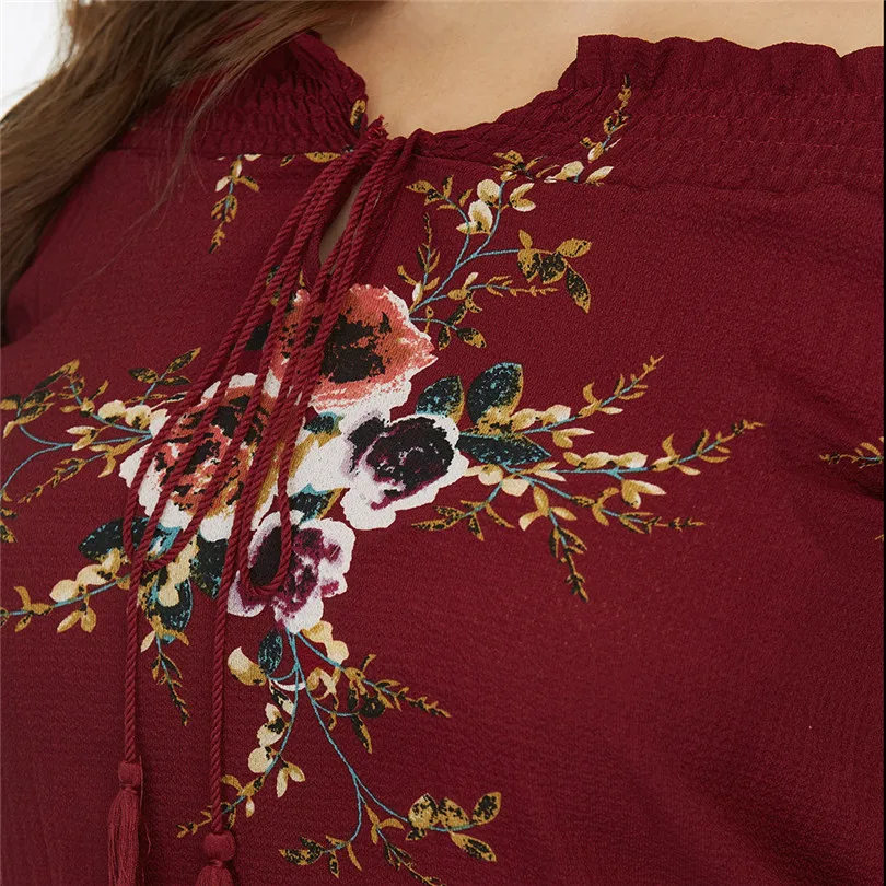 New Fashion Women Summer Casual Daily Plus Size Slash Neck Off Shoulder Floral Print Tassel Ribbons Top #4F05 (20)