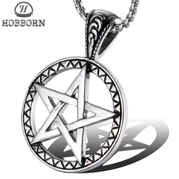 

HOBBORN Vintage KORE Pentacle Necklaces & Pendents Women 316L Stainless Steel Amulet Pattern Necklace Men Hollow Pendent Jewelry
