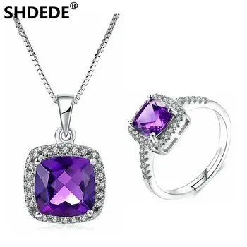 

SHDEDE 925 pure silver jewellery Natural Amethyst gemstones fine Pendant Necklace set Platinum Engagement Rings