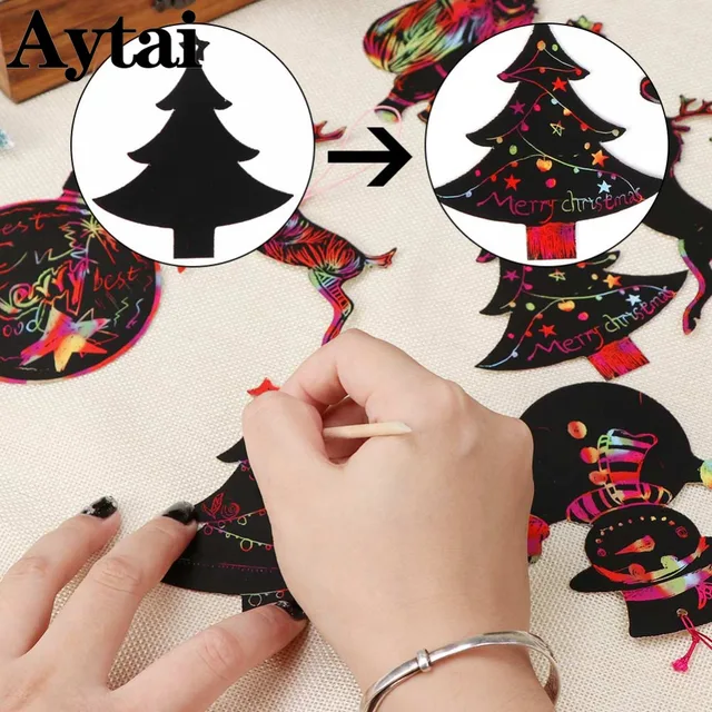 Aytai 24pcs Magic Color Scratch Card Christmas Tree Ornaments Scratch Art Paper Coloring Cards Scraping Drawing Toy for Children