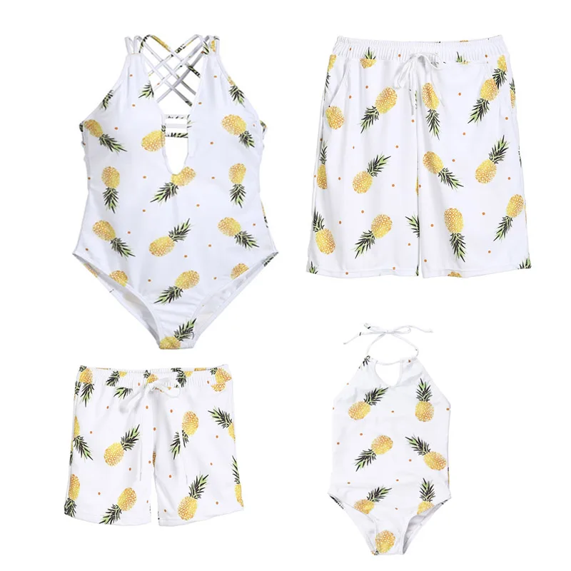 

2019 Family Matching Swimwear Mother Father Kids Swimsuit Summer Pineapple Bathing Suit Women Girl Swimming Suit Men Boy Trunks