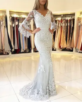 

Silver Muslim Evening Dresses Mermaid V-neck 3/4 Sleeves Lace Beaded Islamic Dubai Saudi Arabic Long Elegant Evening Gown