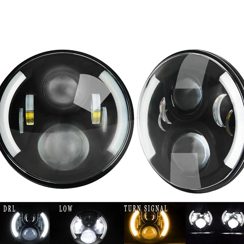 Jeep Wrangler JK Projector Headlight Angel eye 60W Jeep Led Headlight Bulb Functional DRL White Halo + Amber turn singal High Low Beam Fit For JK CJ TJ LJ Hummer H1 H2