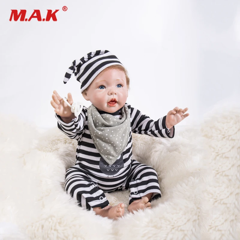 

18 Inchs Blue Eyes Bebes Reborn in Striped Shirt Soft Silicone Toddler Cute Lifelike Bonecas Boy Kid Christmas Gifts lol Doll