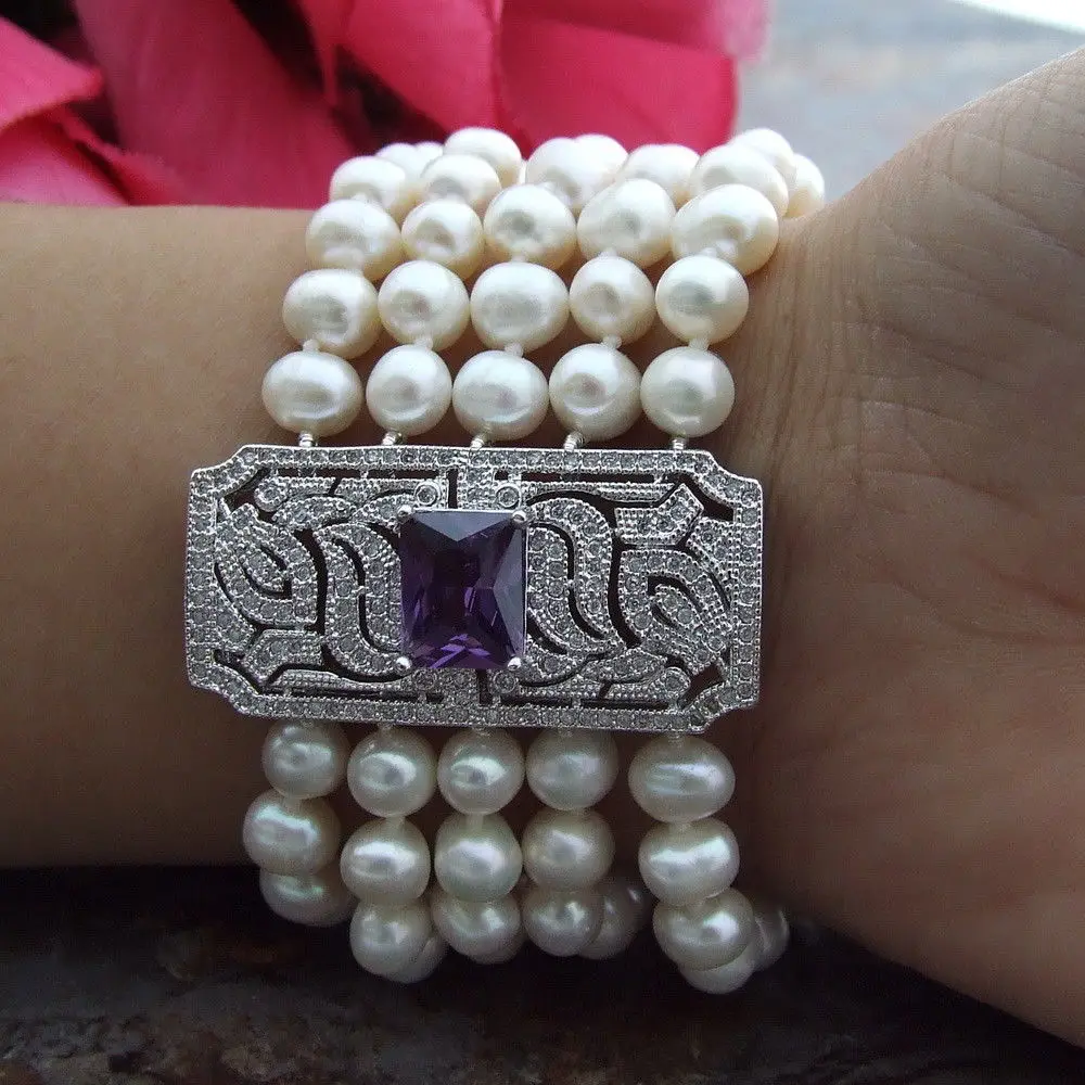 

FC091613 8" 5 Strands WhiteRound Freshwater Pearl Bracelet CZ Connector