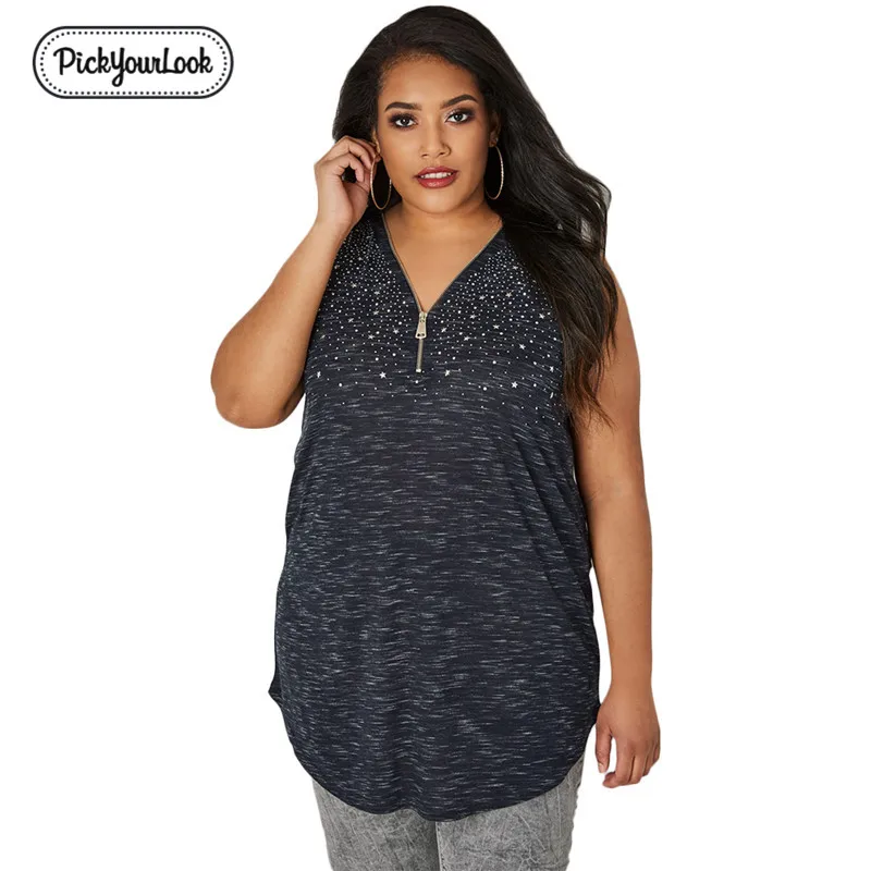 

Summer Blouses Tops Women Plus Size Sleeveless Dark Gray Zipper Ladies Shirt Blouses Star Printed V Neck Female Tops Blusas