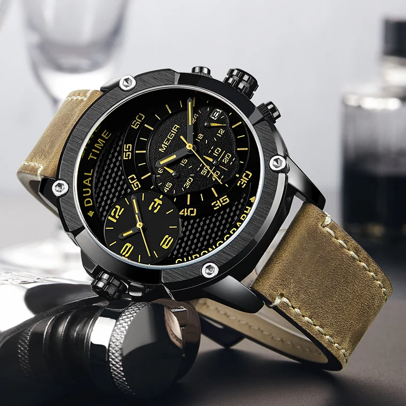 Kaufen MEGIR Chronograph Sport Quarzuhr Männer Dual Time Zone Männer Handgelenk Uhren Kreative Leder Armee Military Armbanduhren Uhr Stunde