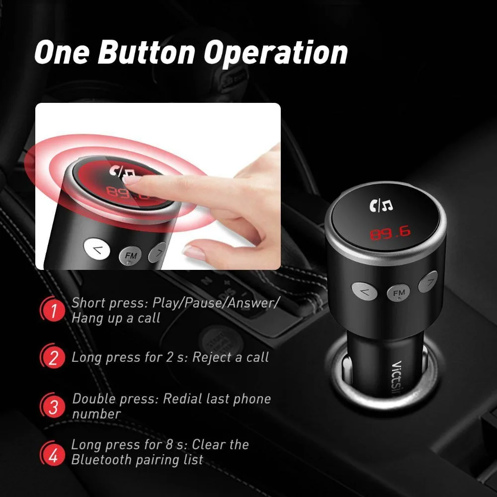 VicTsing Bluetooth FM Transmitter for Car QC3.0 Wireless Bluetooth 4.2 Radio Transmitter Adapter Hands-Free Dual USB Charger