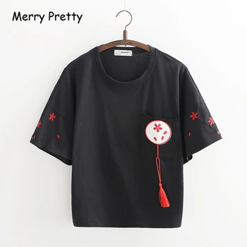 

MERRY PRETTY Women Cotton T Shirts 2018 Summer Short Sleeve Loose Harajuku Tops Tee For Femme Cartoon Embroidery Pockets T Shirt