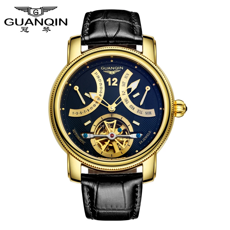2016 Luxury Brand GUANQIN Automatic Mechanical Watches Men Waterproof Luminous Tourbillon Watch Calendar Leather Gold Wristwatch