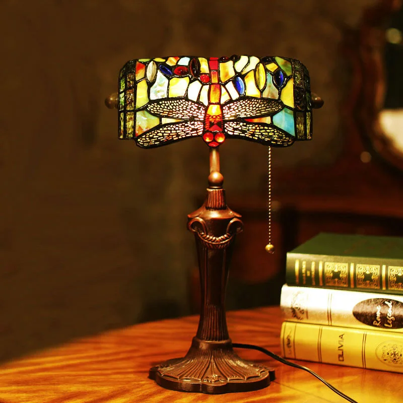 Stained Glass Painted Coloured Tiffany Dragonfly Bankers Table