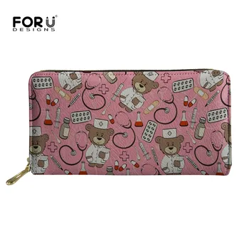 

FORUDESIGNS Pink Women's Purse Cartoon Bear Doctor Female Leather Wallet Cute Print Travel Cards Coins Purses Portefeuille Femme