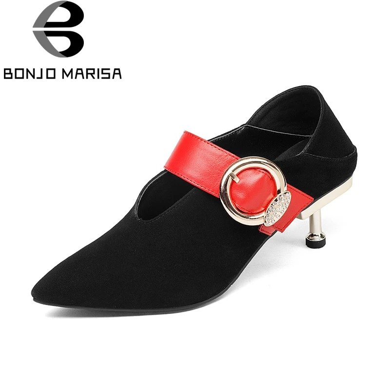 

BONJOMARISA 2018 Spring New Arrival Brand Kid Suede Women Mules Fashion Crystal Metal Decoraion Pumps 5.5 Cm Heel Women Ol Shoes