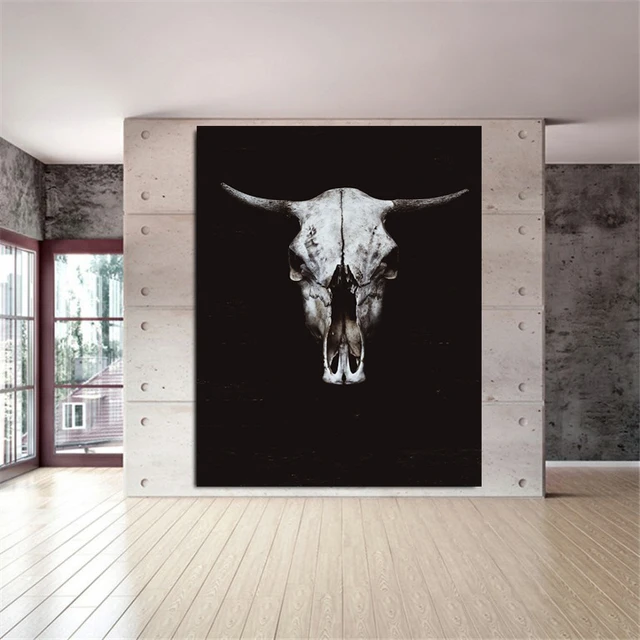 Nordic Canvas Painting Black White Cow Skull Animal face Print 1