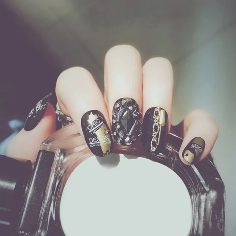 HOT 24Pcs Full Cover False Fake Nail Metal Style Round Head Nude Press Stickers Tips With Nail Adhesive Glue