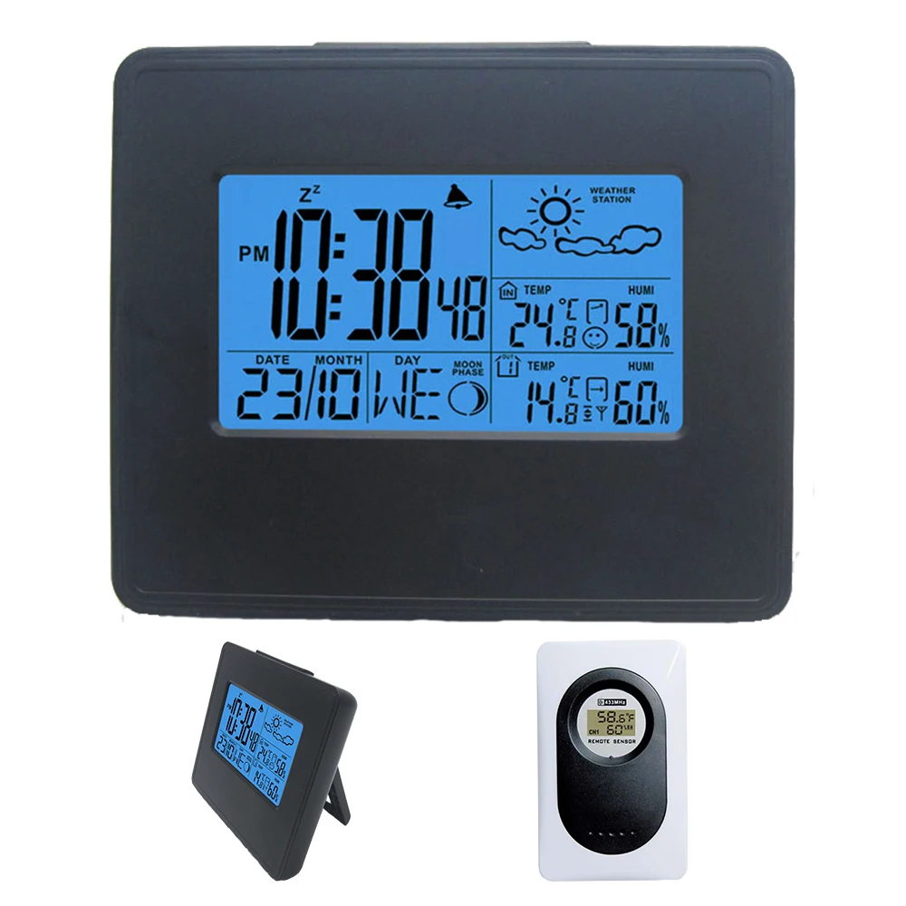 

Black Wireless Weather Station with Indoor Outdoor Temperature Humidity Digiital Clock Three RF Remote Transmitter