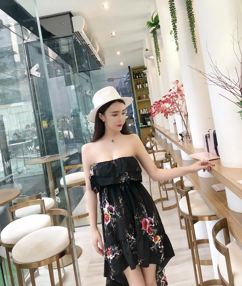 2018 New Summer Women's  Sexy  Printing  Ruffles Tops  Irregular Paty Dress Free Shipping