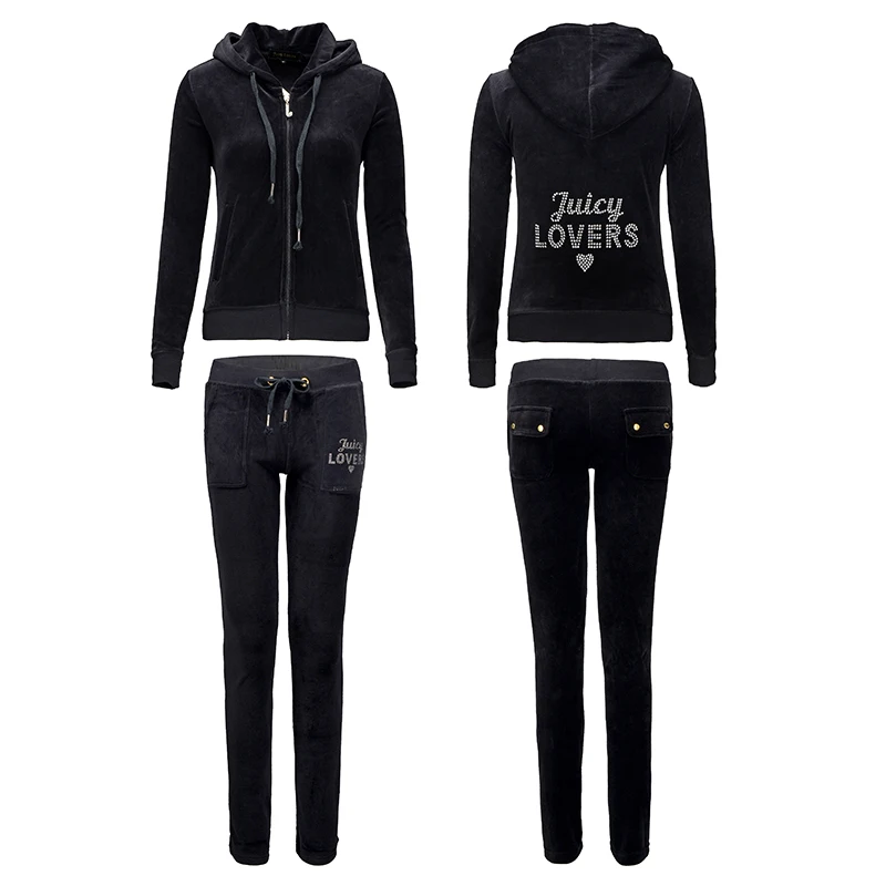 

Juicy Lovers Brand Spring Women Sporting Suits Blue Black Slim pleuche Letter Casual Tracksuits Hooded Collar Sportswear suit