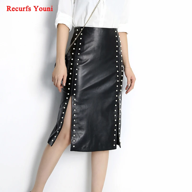 

RYS8351 Winter Ladies Genuine Leather White Pearl Rivet Split Wrap Pencil Skirt Women Buttock 65cm Long Midi Saia Sexy Club Jupe