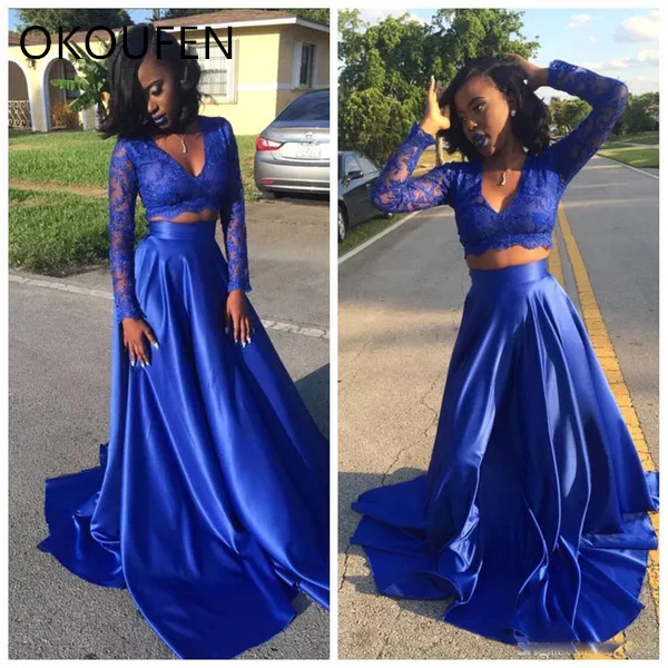 2017 Royal Blue Two Pieces Arabic Prom Dress South African A-line V-neck Long Graduation Evening Party Gown Plus Size Custom Made=