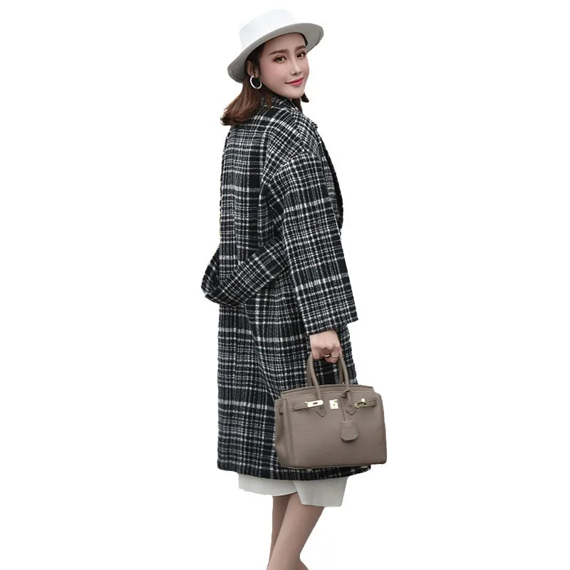 

IOQRCJV Women's Winter Plaid Blended Woolen Jacket Elegant Long Warm Loose Overcoats Female Casual Outwear Casaco Feminino F128