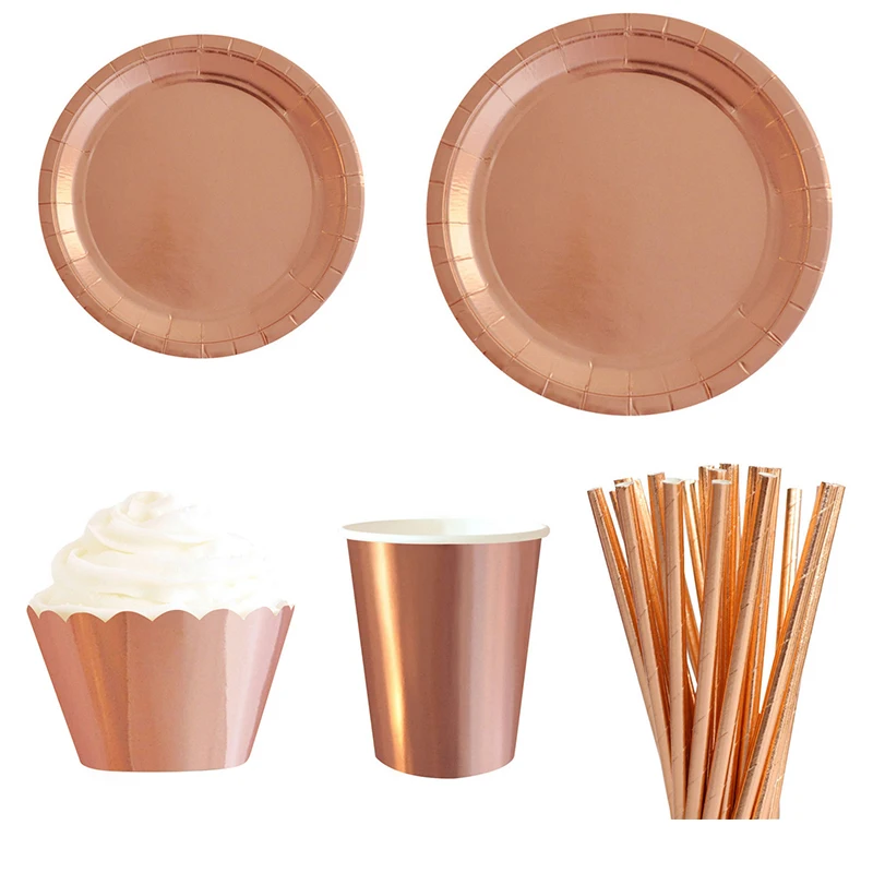 

57 Pcs/set Rose Gold Disposable Party Paper Plate Cups Straws Tableware Wedding Birthday Party Decor Baby Shower Set Supplies