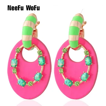 

NeeFu WoFu Fluorescence green leather Earring Gradient jewelry Printed rings for women glass orecchini bijoux femme Oorbellen