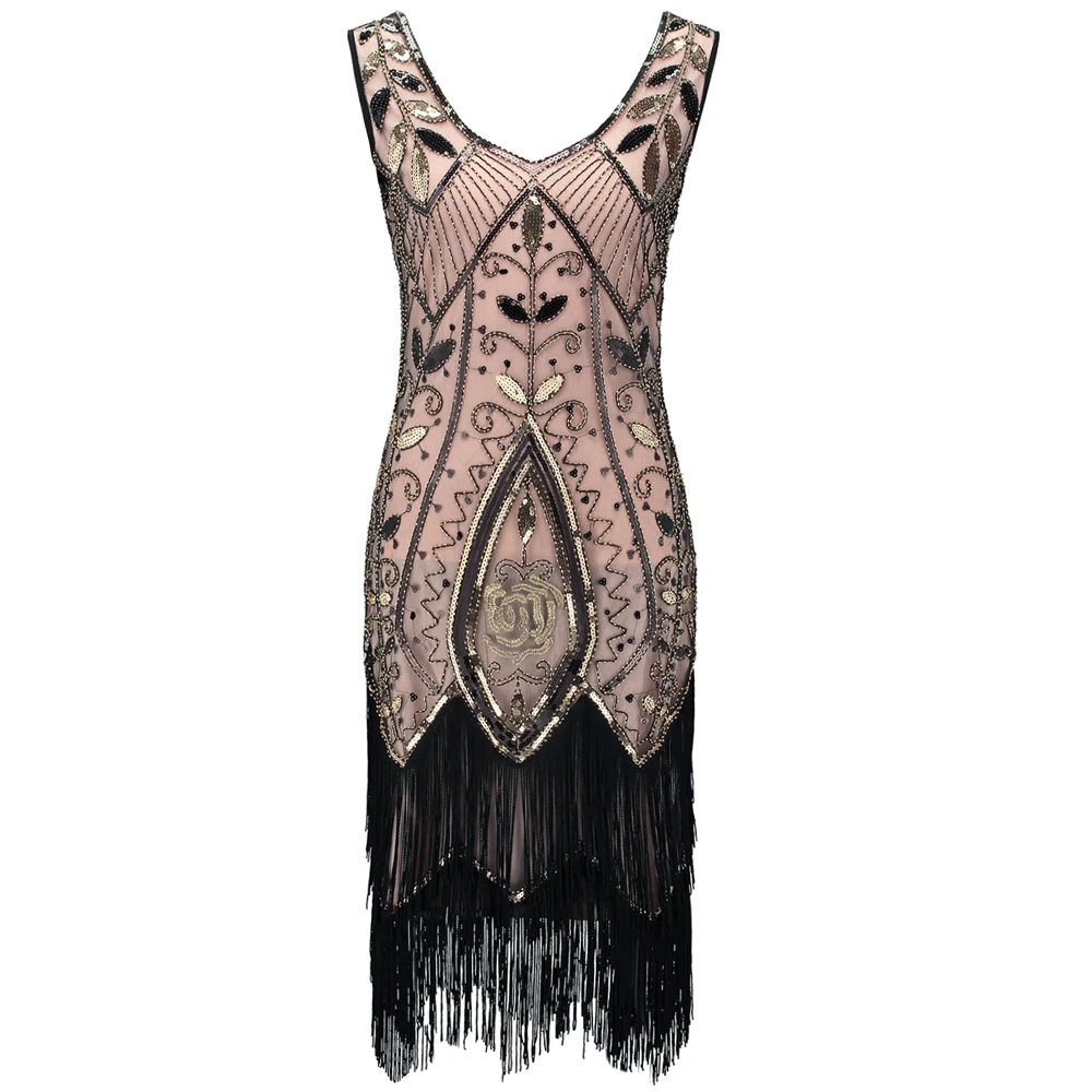 

Roaring 1920s Flapper Dress Double V-Neck Sleeveless Flower Leaf Embroidery Beaded Sequin Dress Great Gatsby Dress Costumes