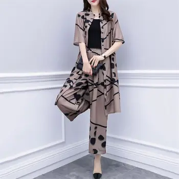 

2020 Summer Women Single Breasted Half Sleeve X Long Shirt+Elastic Waist Loose Wide Leg Pants Set Lady Floral Printing Suits Y90