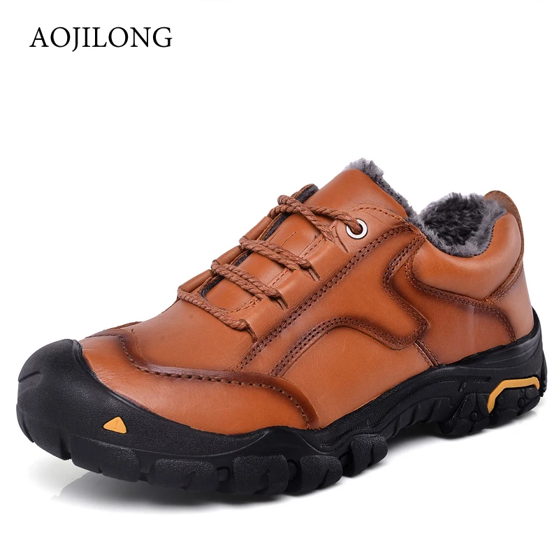 

Winter Hiking Black Sneakers Men Leather Shoes Boot Genuine Leather Outdoor Non Slip Plus Velvet Keep Warm Shoe Large size 50