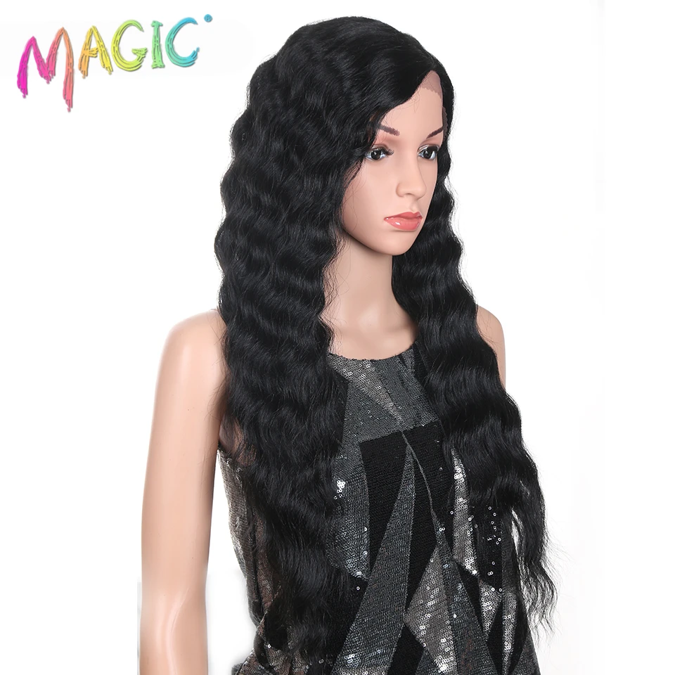 Магические волосы 28 дюймов глубокие волнистые синтетические парики на кружеве для черных женщин натуральные парики черные повседневные термостойкие парики из волокна