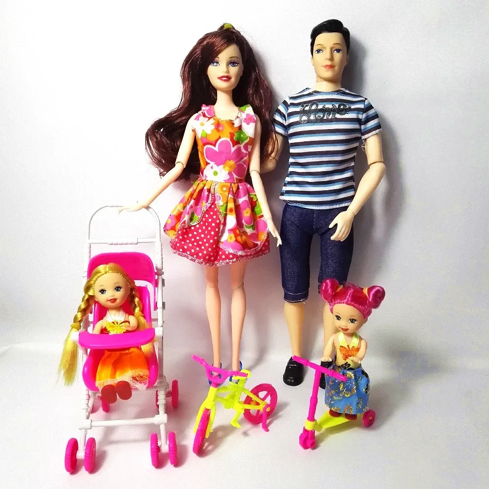

Fashion Doll Family 4 People Dolls Suits 1 Mom/Dad/2 Little Kelly Girl/2 Car/1 Carriage for DIY Toys For Barbie Dolls Girls Gift