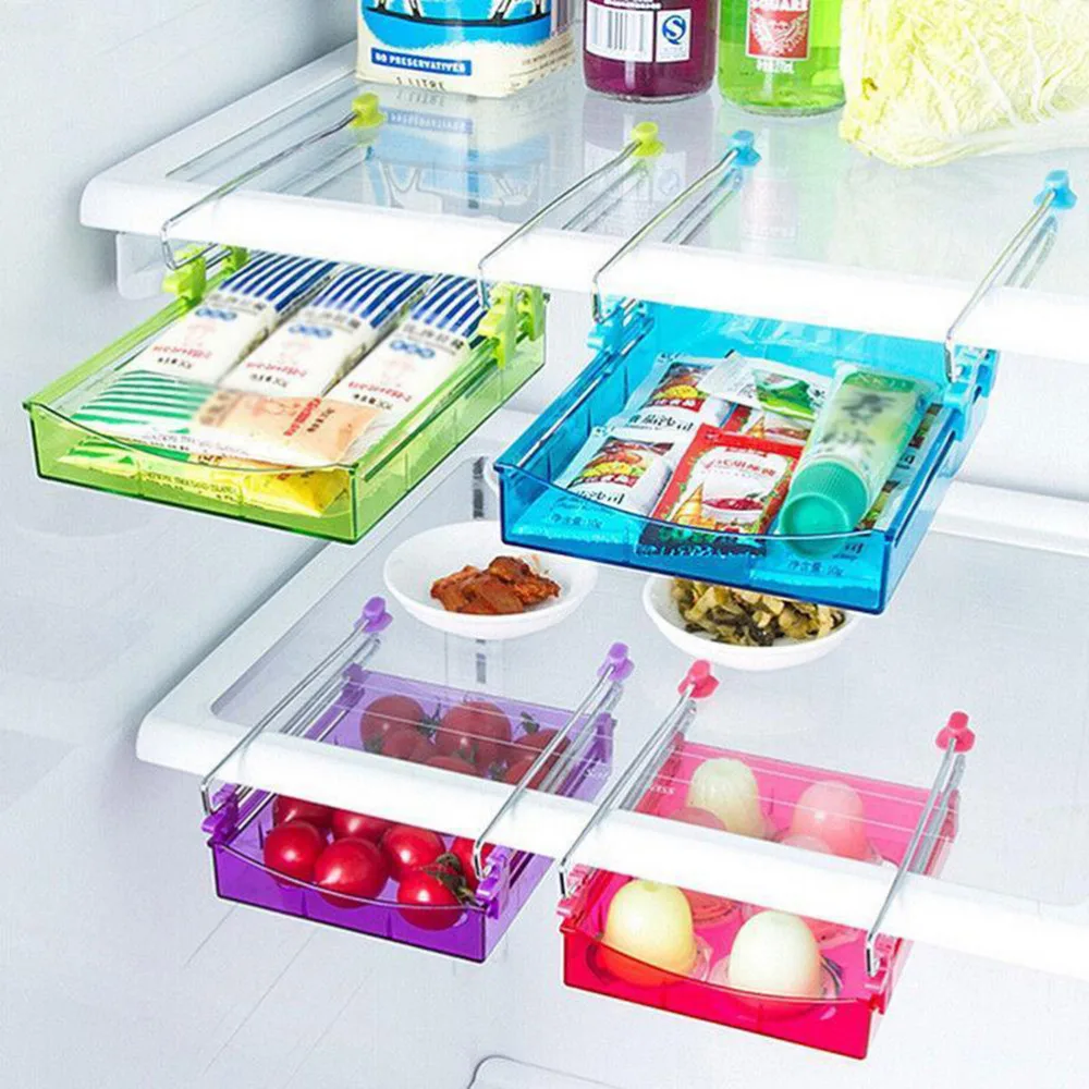 

1PC Small Fridge Storage Rack Layer Partition Refrigerator Storage Holder Pullout Drawer Organizer Kitchen Shelf Rack