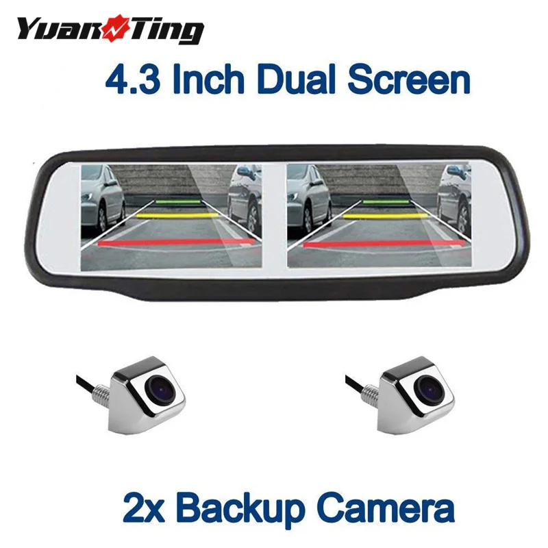 

YuanTing Universal Car Rear View Mirror 4.3'' Dual Reverse Built in Monitor With Pair Backup Parking Assistance Chrome Cameras