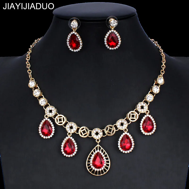 

jiayijiaduo Wedding Jewelry Set Red Crystal Gold Color Necklace Earrings Gifts Glamour Women's Accessories Direct