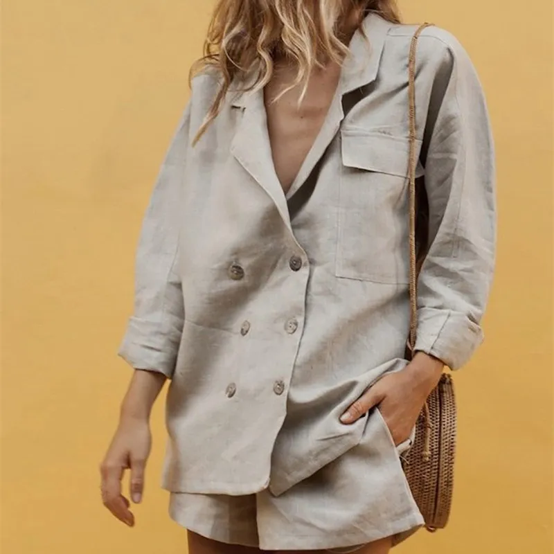 

Double-Breasted Coat Shorts Set Top and High Waist Pants Suits Women Long Sleeve Loose Two Piece Set Elastic Waist Solid Outfits