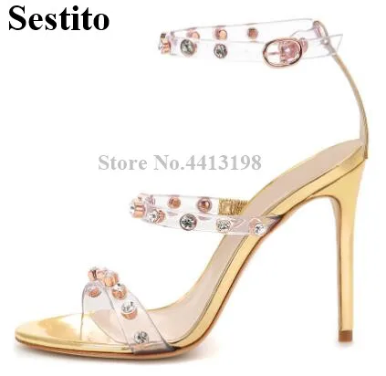 

2019 European Newest Gold PVC Rhinestone Rivet Peep Toe Sandals Stiletto Heels Sandals Ankle Buckle Strap Cover Heel Women Shoes