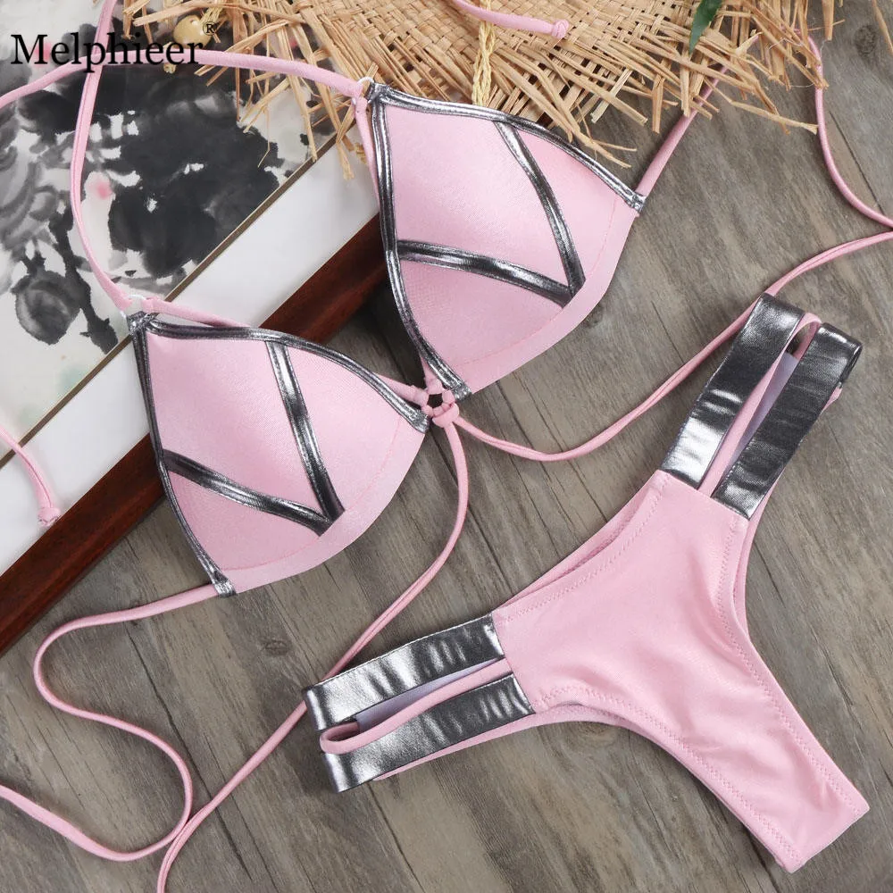 Summer Beachwear Stamping Sparkle Swimsuit Sexy Bikini Women 2018 Pink