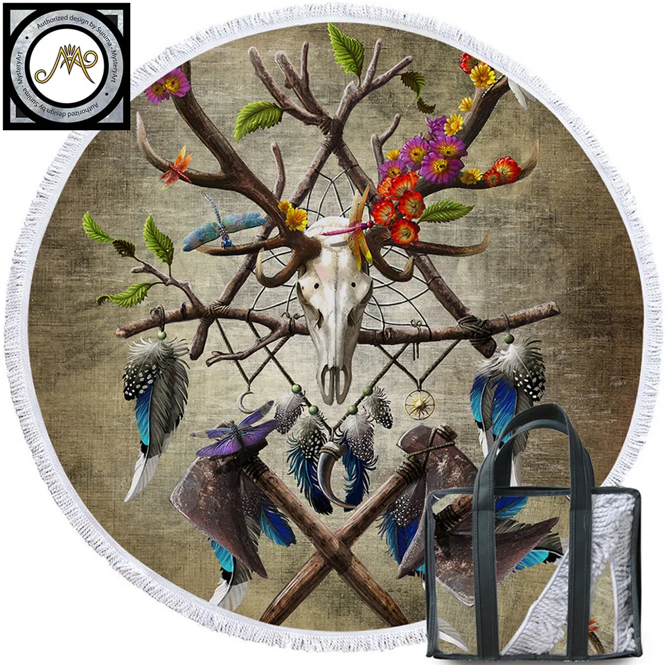 

Native American Skull by Sunima-MysteryArt Round Beach Towel Microfiber Serviette De Plage Green Black Blanket Gothic Tribal Mat