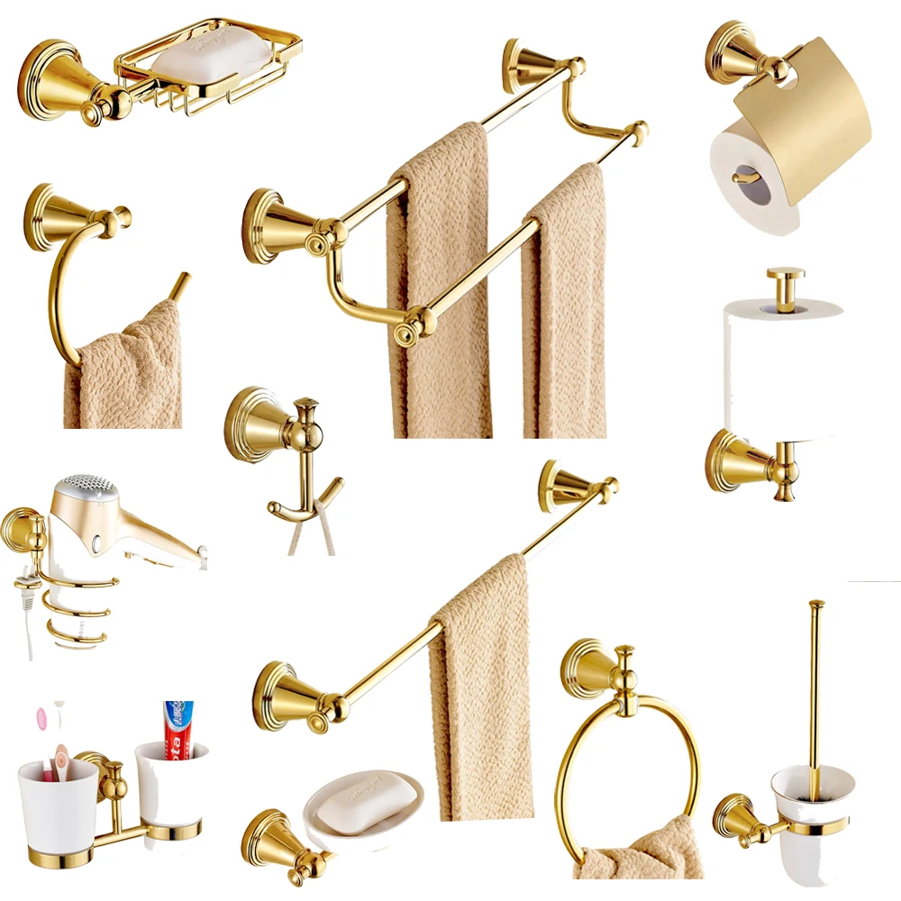 Gold Finish Brass Bathroom Hardware Set Toilet Paper Holder Toothbrush