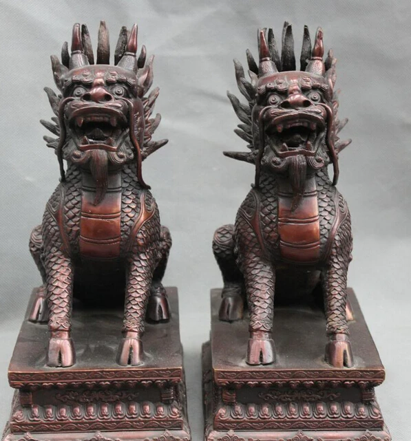 

JP S62 10" Chinese Fengshui Folk Bronze Dragon Kylin Unicorn Beast Animal Statue Pair