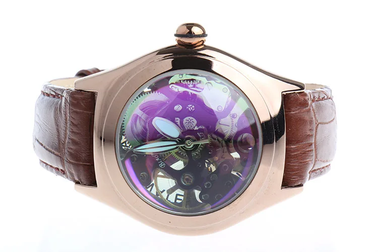 BIAOKA Blue convex glass Hollow Engraving Leather Steel Skeleton Mechanical WatchesClock Men Brand Heren Horloge Montre