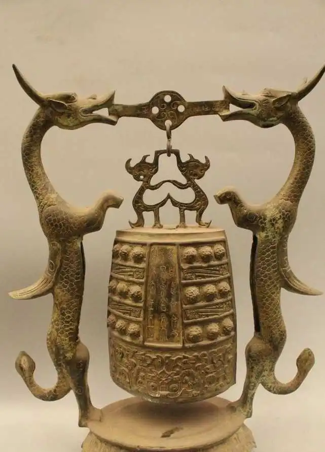 

19" Ancient Chinese Temple Buddhism Bronze Hang Two Dragon Shelf Flat Bell