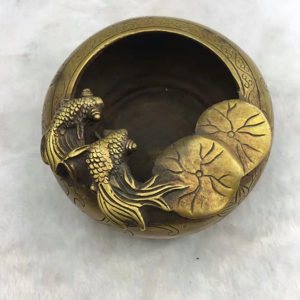 

Rare Wonderful Chinese Ancient Copper Carved Goldfish Lotus Writing Brush Washer Gold and jade fill the hall Crafts Statues