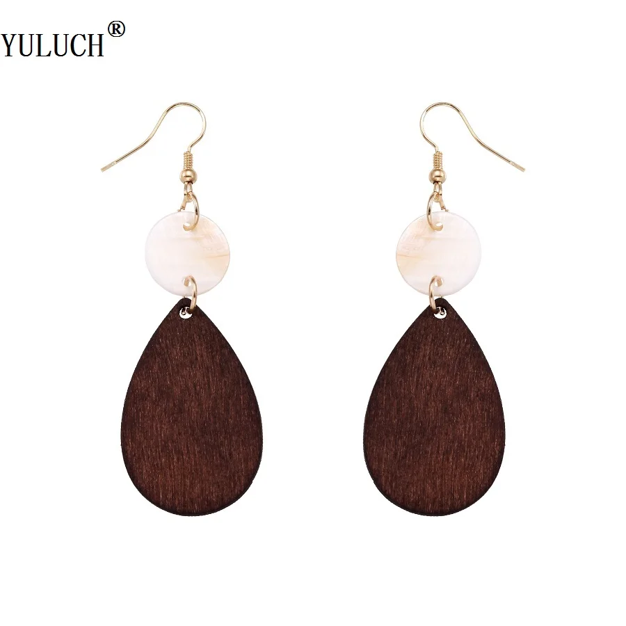 

YULUCH New Design Natural Wood Earrings Handmade Drop Shell Accessroies Gold Hook Wood Earrings For Woman Girls Fashion Jewelry