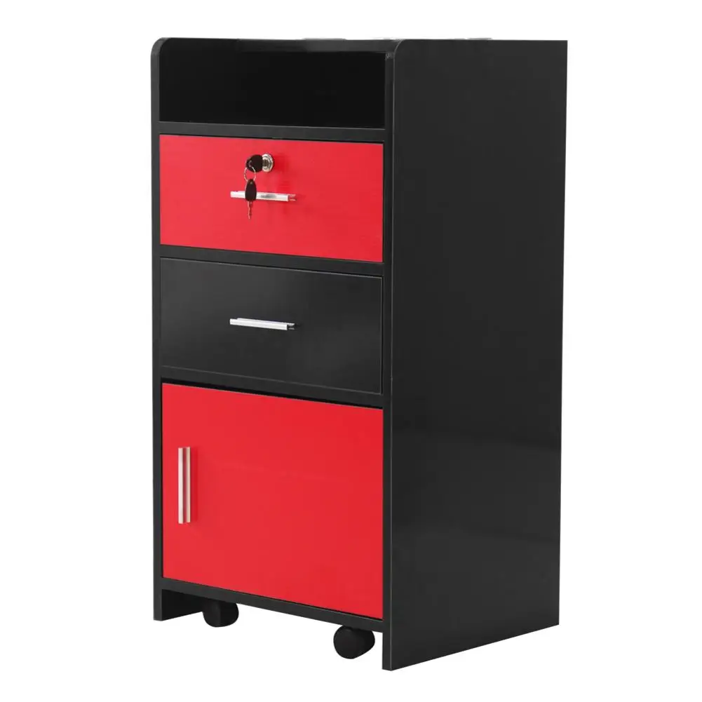 

Salon Wood Rolling Drawer Cabinet Trolley Spa 3-layer Cabinet Equipment with A Lock Black & Red