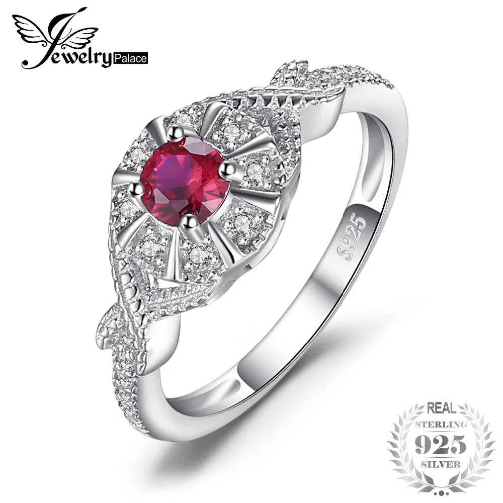 

JewelryPalace Vintage Round Created Ruby Statement Ring Pure 925 Sterling Silver Women Wedding Ring Brand Fine Jewelry