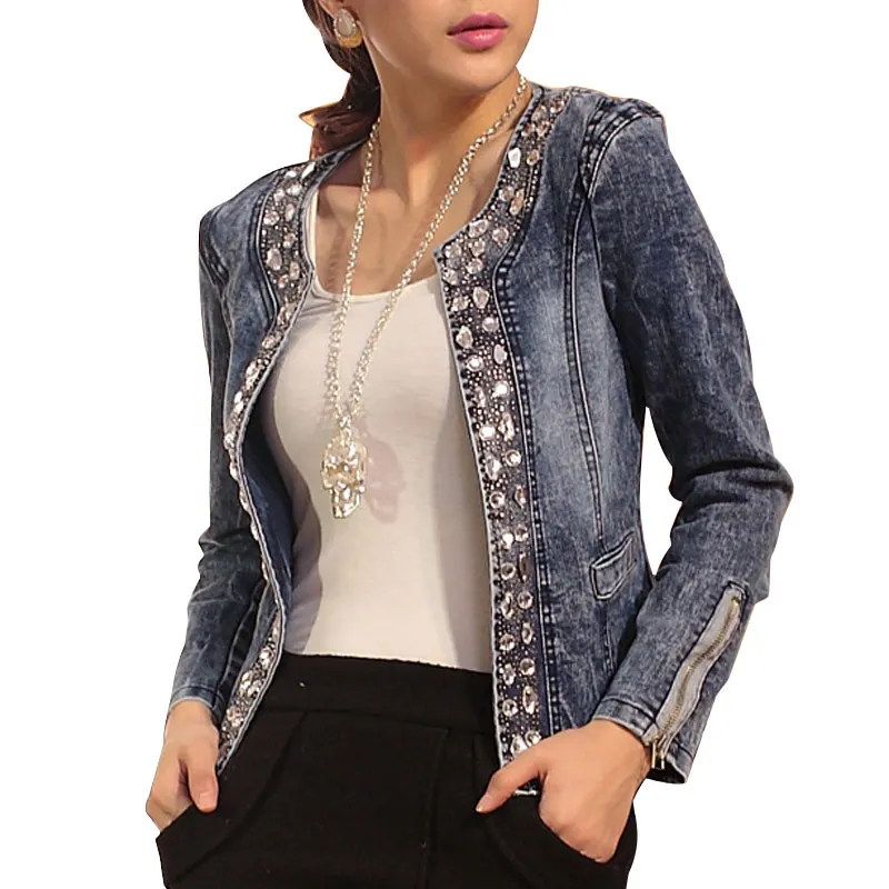 HEE GRAND/джинсовые куртки для женщин Chaqueta Mujer, осенняя джинсовая куртка Casaco, женская тонкая короткая верхняя одежда с кристаллами размера плюс S-4XL WWJ920